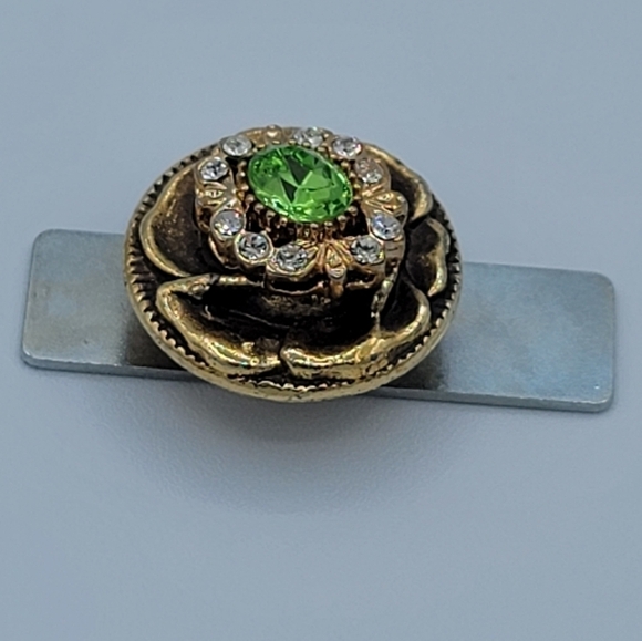 Vintage Button Brooch Goldtone Green Crystal Magnet #665 - Picture 6 of 12